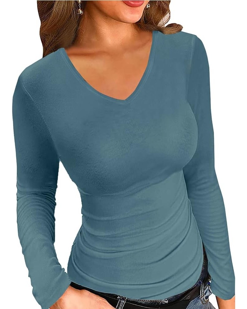 T Shirts for Women Short/Long Sleeve V Neck Casual Ribbed Slim Fitted Tops Azure Blue $12.32 Underwear