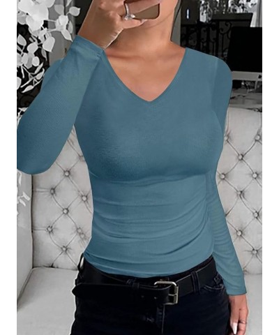 T Shirts for Women Short/Long Sleeve V Neck Casual Ribbed Slim Fitted Tops Azure Blue $12.32 Underwear