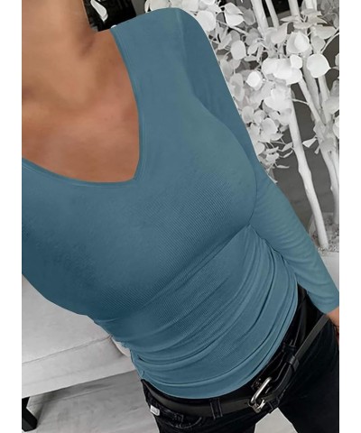 T Shirts for Women Short/Long Sleeve V Neck Casual Ribbed Slim Fitted Tops Azure Blue $12.32 Underwear