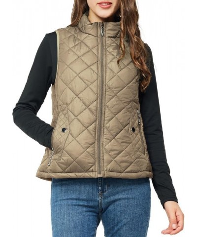 Women's Quilted Vest Lightweight Puffer Jacket with Detachable Hood Stand Collar Zip Outwear No Hood - Khaki $15.75 Vests