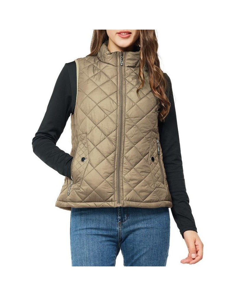 Women's Quilted Vest Lightweight Puffer Jacket with Detachable Hood Stand Collar Zip Outwear No Hood - Khaki $15.75 Vests