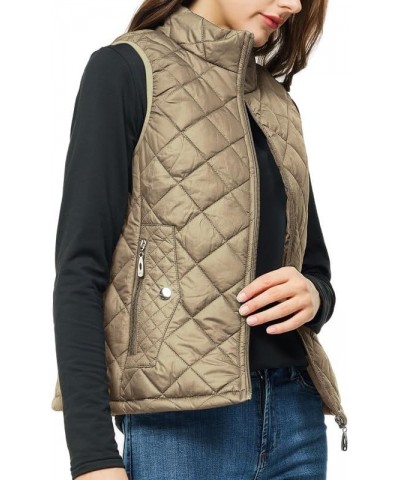 Women's Quilted Vest Lightweight Puffer Jacket with Detachable Hood Stand Collar Zip Outwear No Hood - Khaki $15.75 Vests