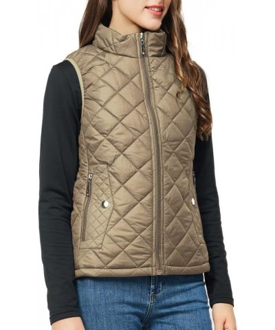 Women's Quilted Vest Lightweight Puffer Jacket with Detachable Hood Stand Collar Zip Outwear No Hood - Khaki $15.75 Vests