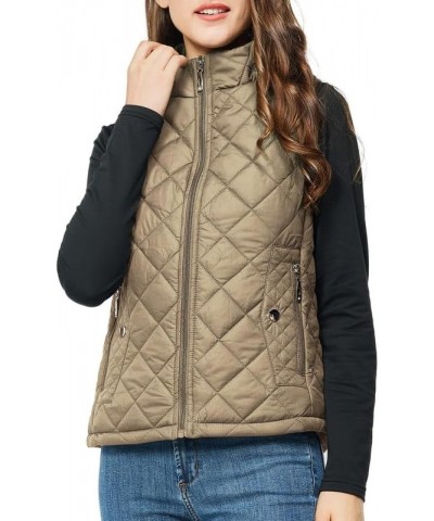 Women's Quilted Vest Lightweight Puffer Jacket with Detachable Hood Stand Collar Zip Outwear No Hood - Khaki $15.75 Vests