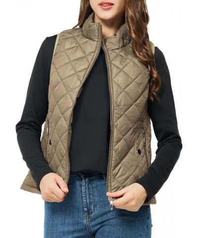 Women's Quilted Vest Lightweight Puffer Jacket with Detachable Hood Stand Collar Zip Outwear No Hood - Khaki $15.75 Vests