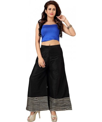 Premium Silk Palazzo Pant for Women, Wide Leg, Comfy Plus Size, Casual & Party Wear | Stitch with Golden Lace Black $15.48 Pants