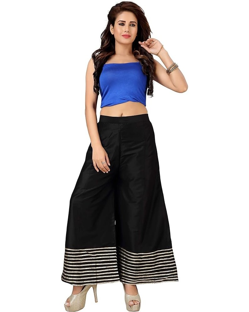 Premium Silk Palazzo Pant for Women, Wide Leg, Comfy Plus Size, Casual & Party Wear | Stitch with Golden Lace Black $15.48 Pants