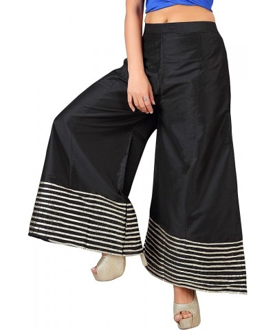 Premium Silk Palazzo Pant for Women, Wide Leg, Comfy Plus Size, Casual & Party Wear | Stitch with Golden Lace Black $15.48 Pants