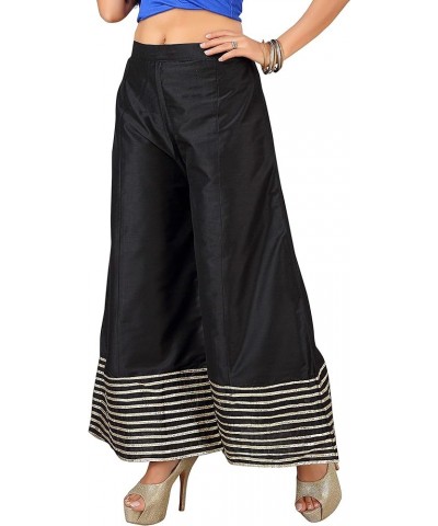 Premium Silk Palazzo Pant for Women, Wide Leg, Comfy Plus Size, Casual & Party Wear | Stitch with Golden Lace Black $15.48 Pants