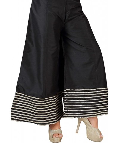 Premium Silk Palazzo Pant for Women, Wide Leg, Comfy Plus Size, Casual & Party Wear | Stitch with Golden Lace Black $15.48 Pants