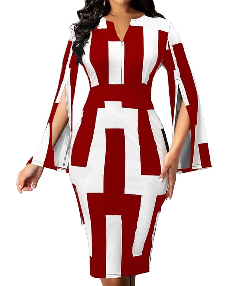 Women Sexy Dresses Bodycon Church 3/4 Sleeve African Print Pencil Party Office Dress Work with Split White Red $17.22 Dresses