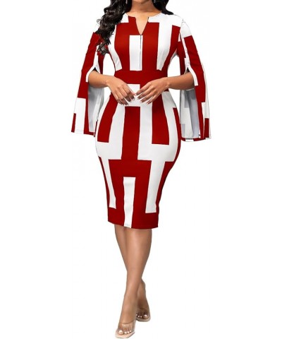 Women Sexy Dresses Bodycon Church 3/4 Sleeve African Print Pencil Party Office Dress Work with Split White Red $17.22 Dresses