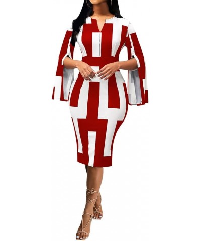 Women Sexy Dresses Bodycon Church 3/4 Sleeve African Print Pencil Party Office Dress Work with Split White Red $17.22 Dresses