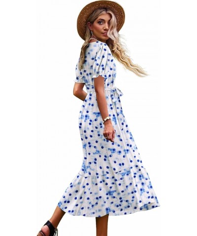 Women's 2023 Summer Casual Square Neck Floral Dress Ruffle Puff Short Sleeve Belted Maxi Dress with Pockets E16 E16 as Pictur...