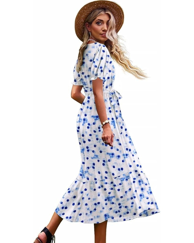 Women's 2023 Summer Casual Square Neck Floral Dress Ruffle Puff Short Sleeve Belted Maxi Dress with Pockets E16 E16 as Pictur...