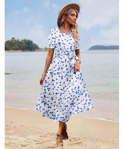 Women's 2023 Summer Casual Square Neck Floral Dress Ruffle Puff Short Sleeve Belted Maxi Dress with Pockets E16 E16 as Pictur...