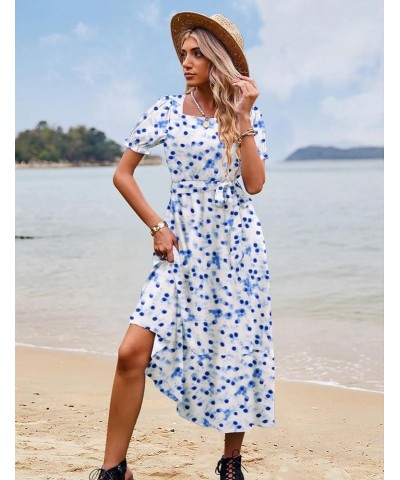 Women's 2023 Summer Casual Square Neck Floral Dress Ruffle Puff Short Sleeve Belted Maxi Dress with Pockets E16 E16 as Pictur...