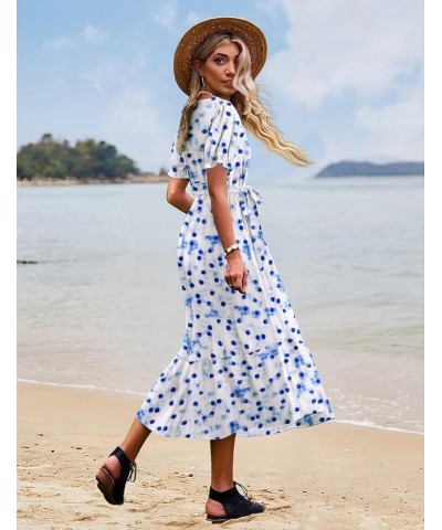 Women's 2023 Summer Casual Square Neck Floral Dress Ruffle Puff Short Sleeve Belted Maxi Dress with Pockets E16 E16 as Pictur...