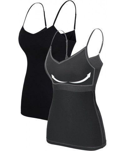 Cotton Shelf Bra Camisoles Adjustable Spaghetti Strap Tank Tops Basic Layer Cami S-5X V Neck - Black/Gray $14.10 Tanks