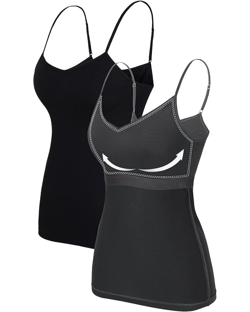 Cotton Shelf Bra Camisoles Adjustable Spaghetti Strap Tank Tops Basic Layer Cami S-5X V Neck - Black/Gray $14.10 Tanks