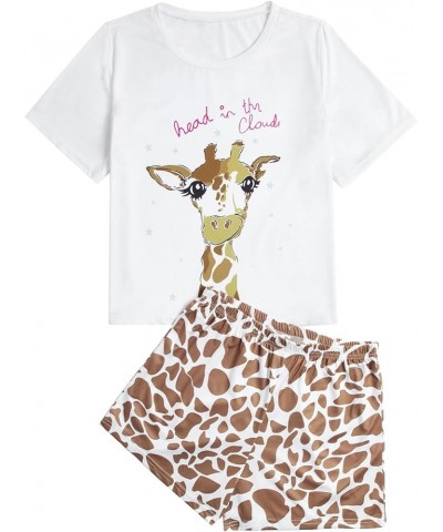 Women's Cute Cartoon Print Sleepwear Short Sleeve Tee with Shorts Pajama Set Giraffe $9.20 Sleep & Lounge