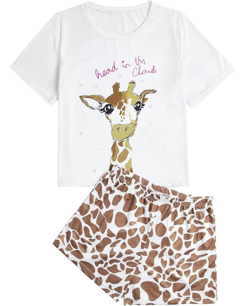 Women's Cute Cartoon Print Sleepwear Short Sleeve Tee with Shorts Pajama Set Giraffe $9.20 Sleep & Lounge