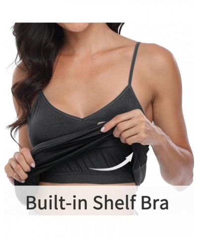 Cotton Shelf Bra Camisoles Adjustable Spaghetti Strap Tank Tops Basic Layer Cami S-5X V Neck - Black/Gray $14.10 Tanks