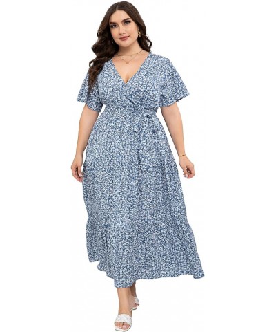 Womens Plus Size V Neck Wrap Maxi Dress High Waist Ruffle Summer Casual Dress with Belt Blue White Flower $22.87 Dresses