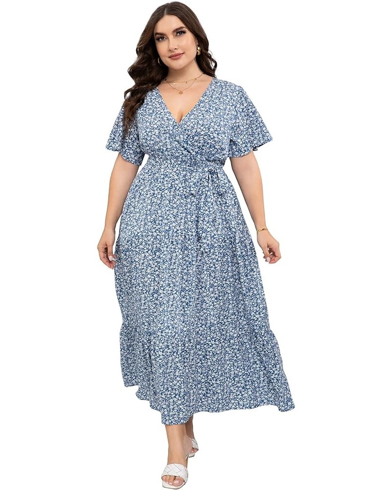 Womens Plus Size V Neck Wrap Maxi Dress High Waist Ruffle Summer Casual Dress with Belt Blue White Flower $22.87 Dresses