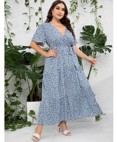 Womens Plus Size V Neck Wrap Maxi Dress High Waist Ruffle Summer Casual Dress with Belt Blue White Flower $22.87 Dresses