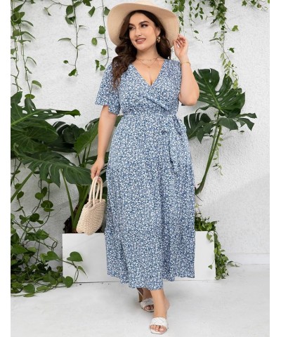 Womens Plus Size V Neck Wrap Maxi Dress High Waist Ruffle Summer Casual Dress with Belt Blue White Flower $22.87 Dresses