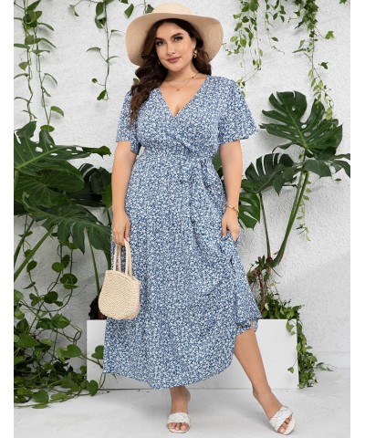 Womens Plus Size V Neck Wrap Maxi Dress High Waist Ruffle Summer Casual Dress with Belt Blue White Flower $22.87 Dresses