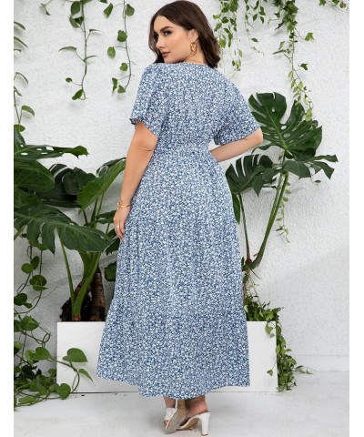 Womens Plus Size V Neck Wrap Maxi Dress High Waist Ruffle Summer Casual Dress with Belt Blue White Flower $22.87 Dresses