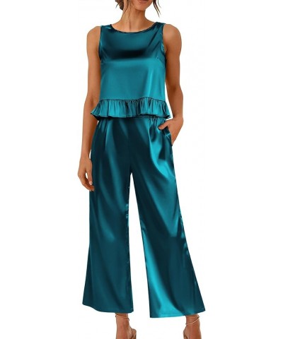 Womens Satin Pajamas Set 2 Piece Silk Outfits Sleeveless Tank Crop Wide Leg Pants Sleepwear with Pockets Blue Green $14.57 Sl...