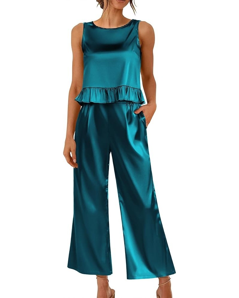 Womens Satin Pajamas Set 2 Piece Silk Outfits Sleeveless Tank Crop Wide Leg Pants Sleepwear with Pockets Blue Green $14.57 Sl...