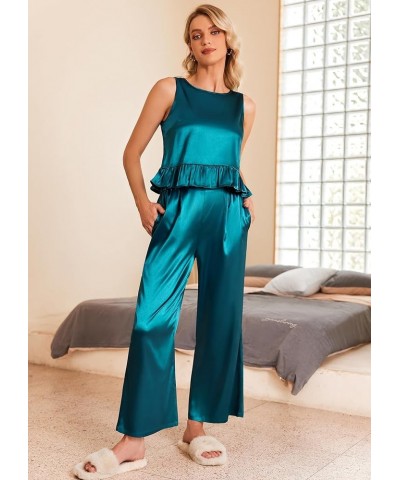 Womens Satin Pajamas Set 2 Piece Silk Outfits Sleeveless Tank Crop Wide Leg Pants Sleepwear with Pockets Blue Green $14.57 Sl...