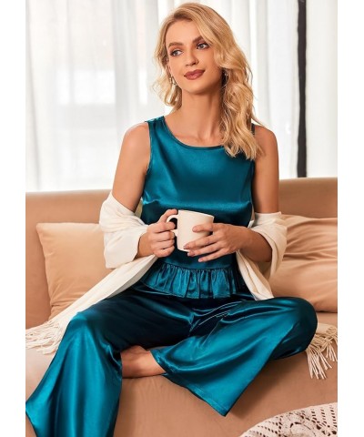 Womens Satin Pajamas Set 2 Piece Silk Outfits Sleeveless Tank Crop Wide Leg Pants Sleepwear with Pockets Blue Green $14.57 Sl...