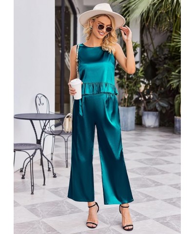 Womens Satin Pajamas Set 2 Piece Silk Outfits Sleeveless Tank Crop Wide Leg Pants Sleepwear with Pockets Blue Green $14.57 Sl...