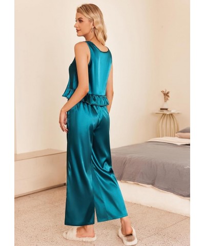 Womens Satin Pajamas Set 2 Piece Silk Outfits Sleeveless Tank Crop Wide Leg Pants Sleepwear with Pockets Blue Green $14.57 Sl...