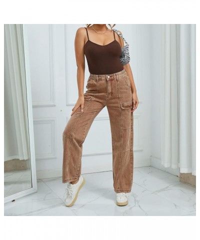 High Waist Baggy Cargo Jeans for Women Flap Pocket Relaxed Fit Straight Wide Leg Y2K Fashion Jeans Ff Khaki $13.20 Jeans