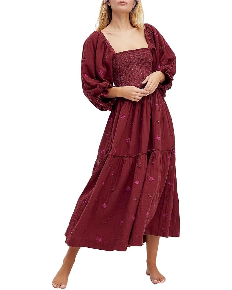 Women Casual Boho Maxi Dress Y2k Flowy Swing A Line Long Dress Puff Sleeve Loose Fit Tiered Beach Sundress D-embroidered Red ...