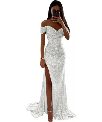 Sequin Off The Shoulder Prom Dresses Long 2024 Sparkly Ball Gown Pleated Formal Evening Dress with Slit Ivory $27.00 Dresses