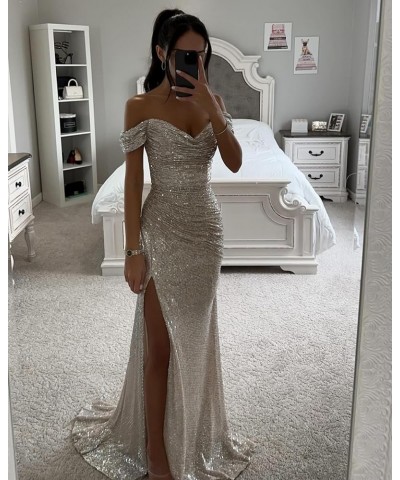 Sequin Off The Shoulder Prom Dresses Long 2024 Sparkly Ball Gown Pleated Formal Evening Dress with Slit Ivory $27.00 Dresses