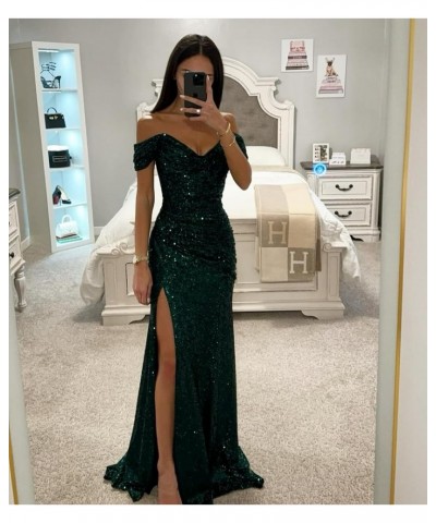 Sequin Off The Shoulder Prom Dresses Long 2024 Sparkly Ball Gown Pleated Formal Evening Dress with Slit Ivory $27.00 Dresses