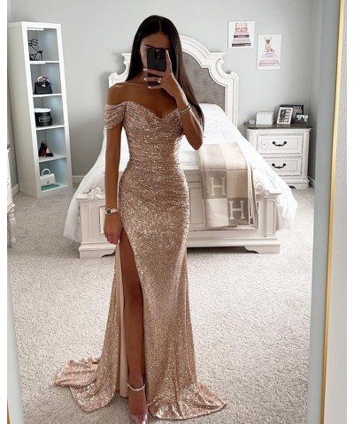 Sequin Off The Shoulder Prom Dresses Long 2024 Sparkly Ball Gown Pleated Formal Evening Dress with Slit Ivory $27.00 Dresses