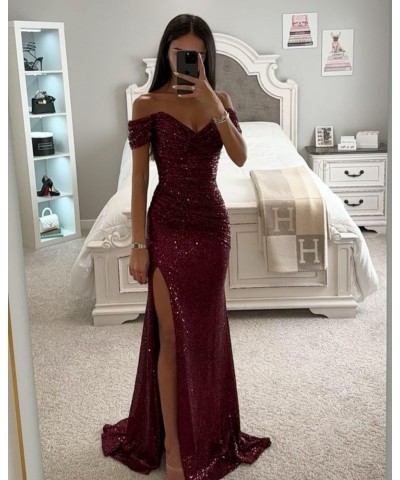 Sequin Off The Shoulder Prom Dresses Long 2024 Sparkly Ball Gown Pleated Formal Evening Dress with Slit Ivory $27.00 Dresses