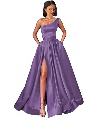 Women's One Shoulder Slit Prom Dresses Long Ball Gowns Satin A-Line Formal Party Gown with Pockets Mauve $33.00 Dresses