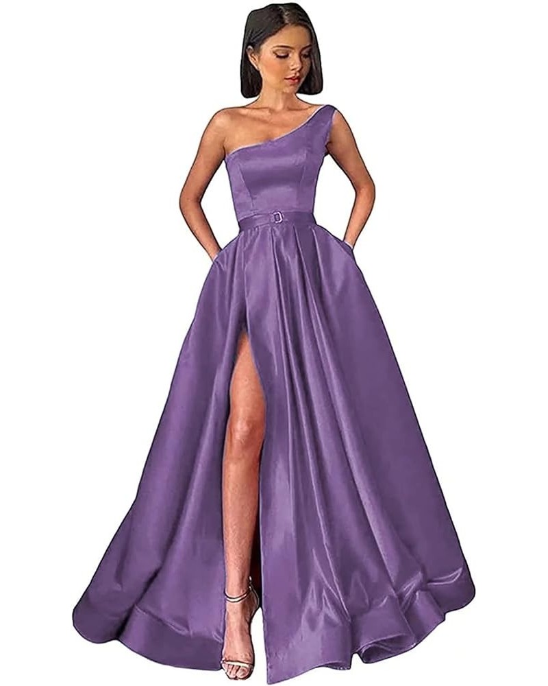 Women's One Shoulder Slit Prom Dresses Long Ball Gowns Satin A-Line Formal Party Gown with Pockets Mauve $33.00 Dresses