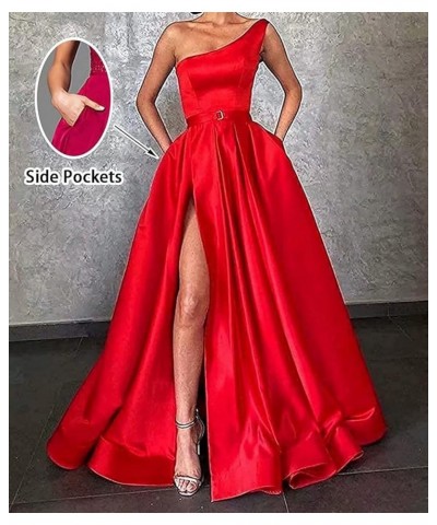 Women's One Shoulder Slit Prom Dresses Long Ball Gowns Satin A-Line Formal Party Gown with Pockets Mauve $33.00 Dresses