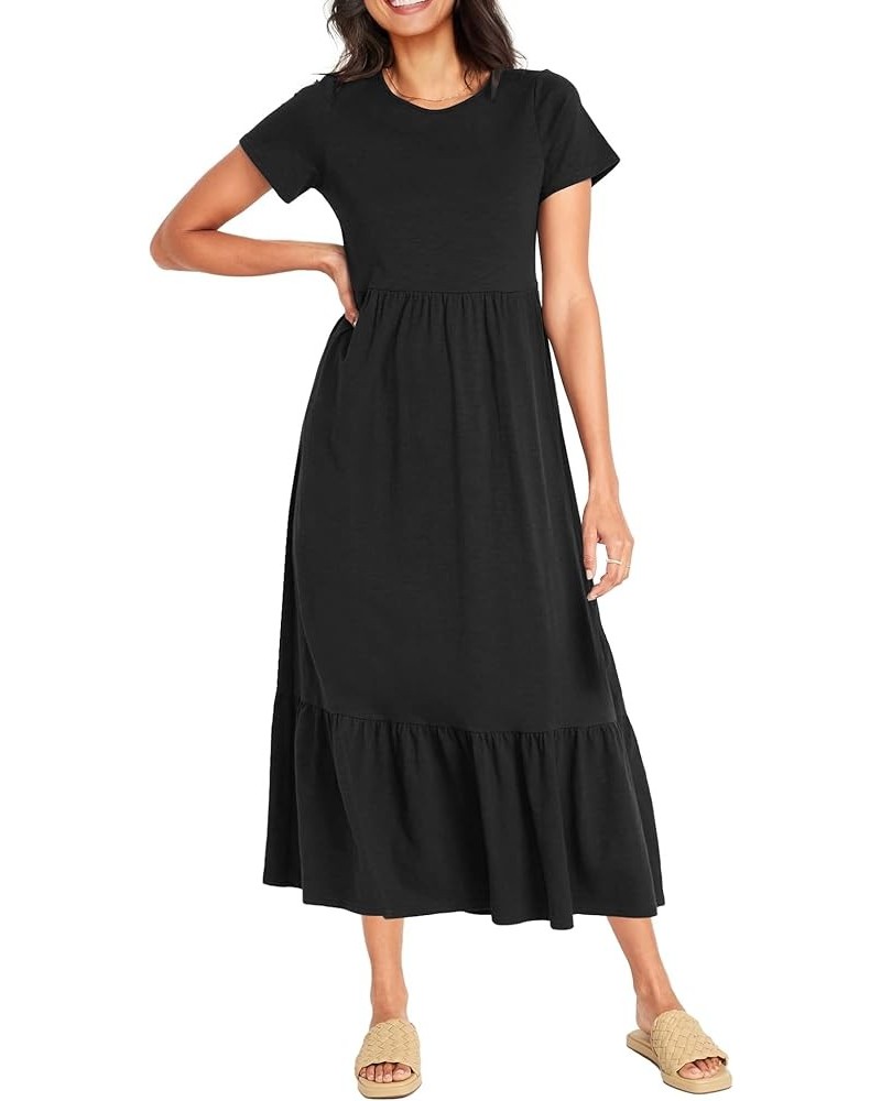 Women's Summer Casual Short Sleeve Crewneck Sundress Flowy Tiered Maxi Beach Dress Long Beach Midi Dress with Pockets. Black ...